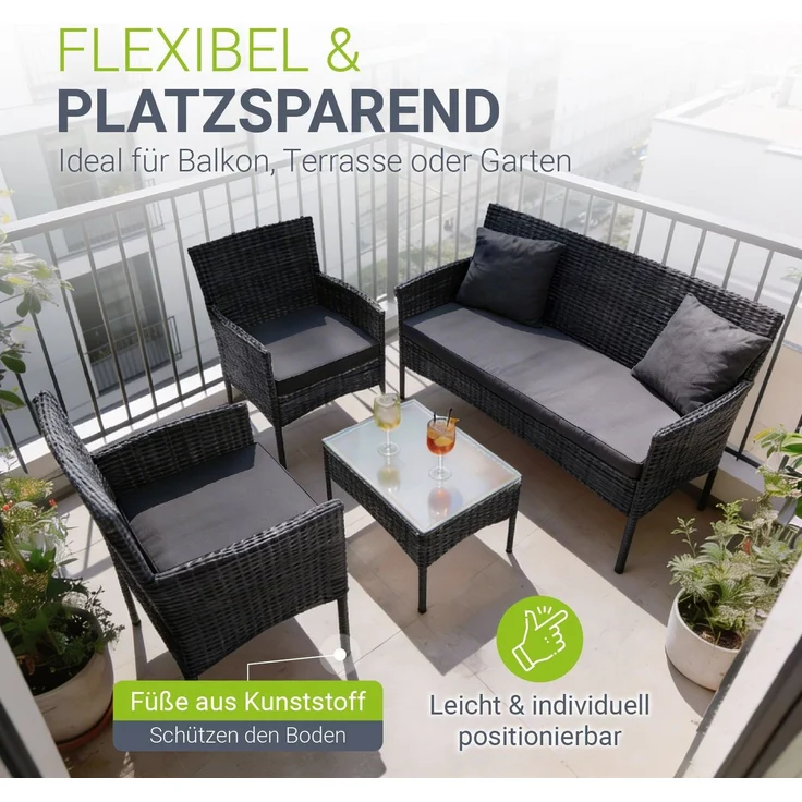 Juskys 'Fort Myers' Gartenmöbel Set mit Tisch, Sofa & 2 Stühlen, Polyrattan, 60x35 cm, Schwarz / Grau – Bild 4