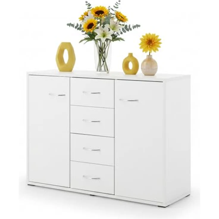 Sweetcrispy Kommode, Weißes Sideboard mit 4 Schubladen & 2 Türen, 88 × 30 × 64 cm, Viel Stauraum für Wohnzimmer, Flur & Schlafzimmer, Moderner Kommodenschrank – Bild 2