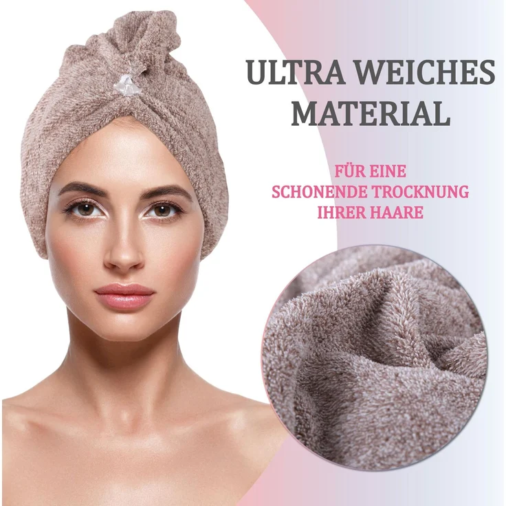 Haarturban ( Braun ) Cozy mit Knopf - 25x65cm ( One SIze ) Superweich Flauschig - Saugstark, Handtuch Haare Turban Haarhandtuch Schnelltrocknend – Bild 3