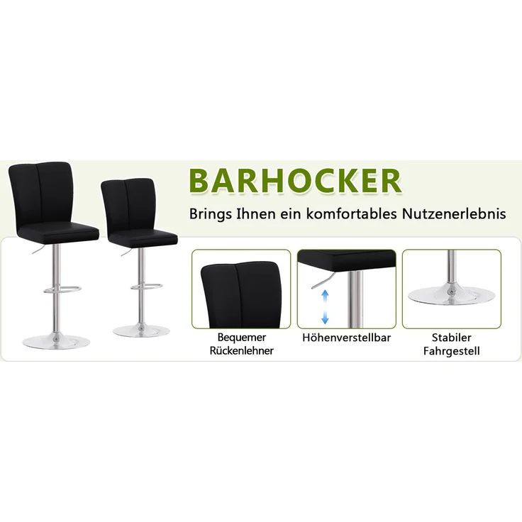 Höhenverstellbarer Barhocker im 2er-Set, 360° drehbar. Luxuriöser Barhocker im Schwarz-Silber-Design aus wasserabweisendem PU-Leder, geeignet für Kücheninseln. Verschiedene Farben erhältlich.--Schwarz+Silber--37x44x44.5cm--YOUDENOVA – Bild 3