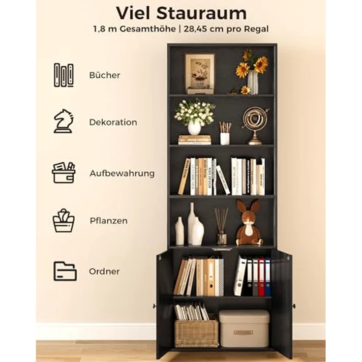 IRONCK Bücherregal mit Türen, Standregal mit 6 Ebenen, Holz Regal mit Türen, Bücherschrank, offenes Aufbewahrungsregal für Arbeitszimmer, Büro, Wohnzimmer, Schlafzimmer 180 x 60 x 23.5 cm (schwarz) – Bild 6