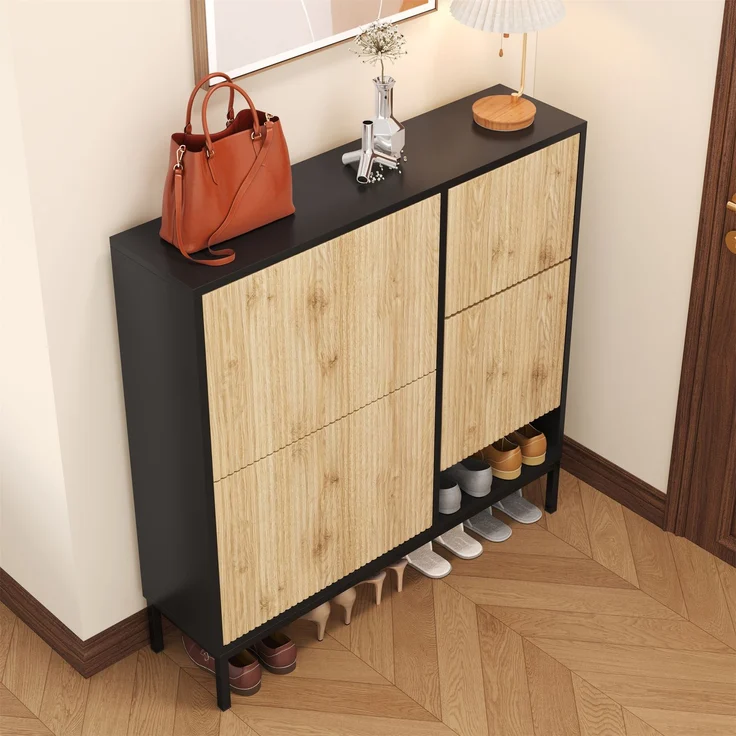 ZUBALIYA Schuhschrank (100 x 25 x 100 cm), 3 Klappfächer, Offener Stauraum, Stauraum für Flur und Eingangsbereich, Schwarz / Naturfarben – Bild 9