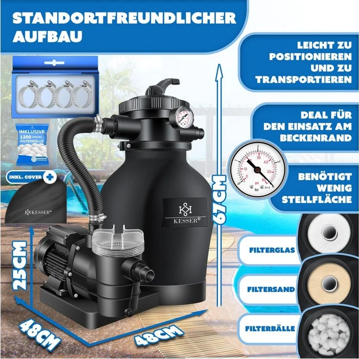KESSER Sandfilteranlage 600W Sandfilter für Pools 13200L/h Durchfluss Poolfilter 7-Wege Ventil (Filteranlage mit Pumpe, 1200g Filterbälle Druckmanometer, Abdeckung), Tankvolumen für bis 30kg Sand Professionelle Poolwasserfilterung – Bild 2