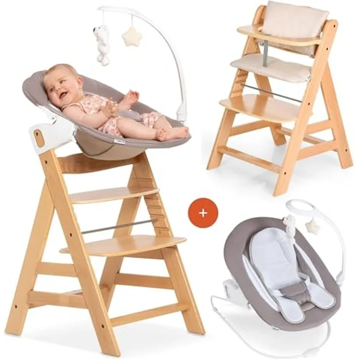 Hauck Alpha Plus Natur Newborn Set Deluxe - Baby Holz Hochstuhl ab Geburt mit Liegefunktion - inkl. Aufsatz für Neugeborene & Sitzpolster - mitwachsend, verstellbar