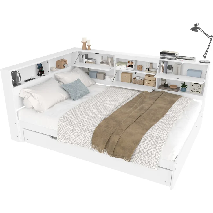EINHOM Daybett, Schlafsofa, 140 x 200 cm, Kopfteil mit Staufach, Ausziehbares Bett, Weiß, (Ohne Matratze) – Bild 4