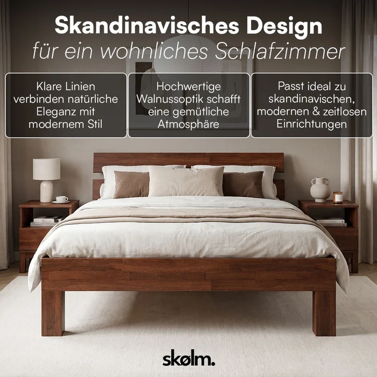 skølm 'Floki' Bett 140x200 cm, Bettgestell aus Eiche, Bettkopf 2 Streben, Massivholzbett lackiert, Walnuss Optik, geeignet als Doppelbett – Bild 2