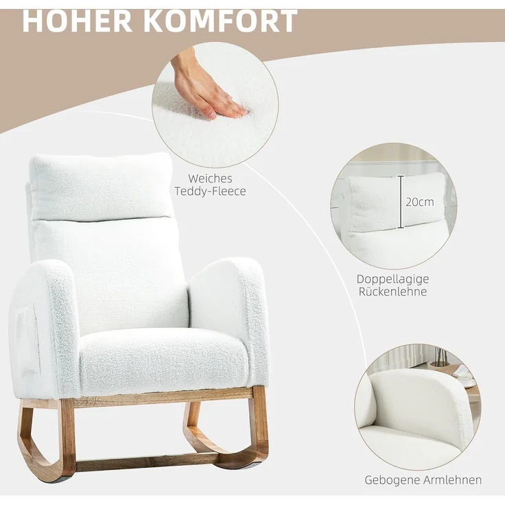 HOMCOM Schaukelstuhl mit Samtoptik (Schwingsessel, 1 St), bis 120 kg belastbar, für Schlafzimmer, Wohnzimmer, Cremeweiß – Bild 6