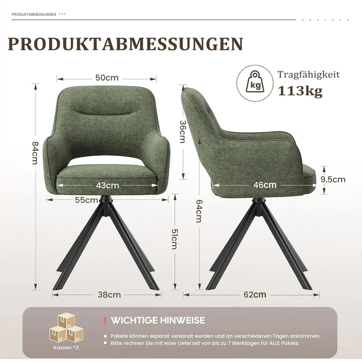 COLAMY Drehbare Esszimmerstühle 6er Set mit Armlehnen, Drehbare Polsterstühle für Küche & Esszimmer aus weichem Florstoff mit Metallgestell und Rückenlehne, für Esszimmer, Küche, Büro,Grün – Bild 3
