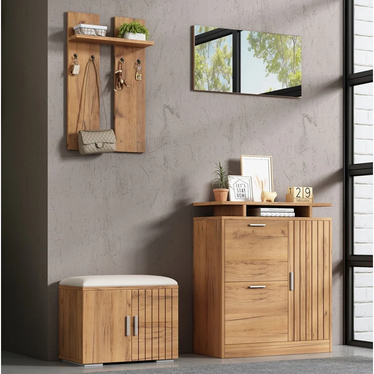 CHICFURN Schrank 140x133x35 cm mit Schuhbank, Spiegel und Kleiderhaken – Natur – Bild 2