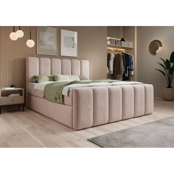 thematys Boxbett mit Bettkasten 160x200cm, mit Bonnellfederkernmatratze H3, Bouclé/Velours, mit Stauraum, mit 3 cm Topper, Beige (Velluto 02), Art.-Nr. S0ZH40NOZGI – Bild 1
