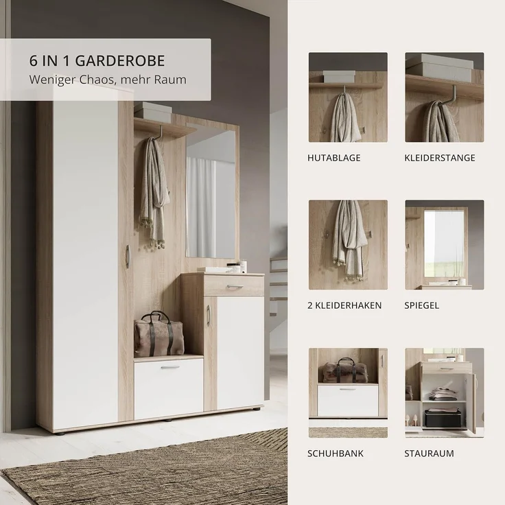 Garderobe PATENT Spiegel Sonoma Eiche und weiß 3-teilig – Bild 9