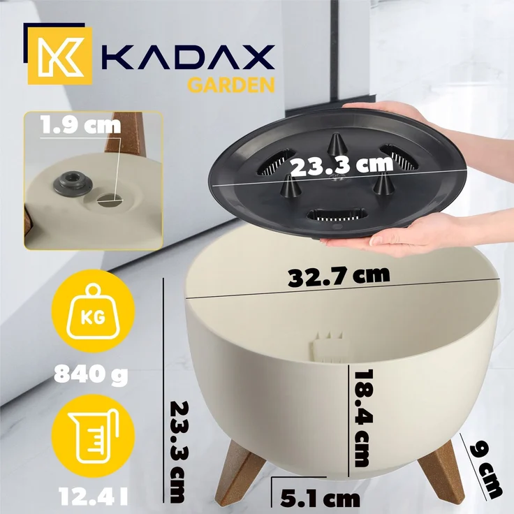 KADAX Blumentopf-Pflanzgefäß-Abdeckung auf Beinen, Einsatz, Blumenständer, 33 cm, cremefarben, runde Schüssel – Bild 2