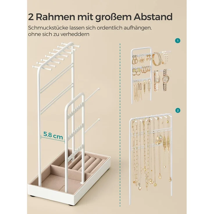 SONGMICS Schmuckständer, Schmuckhalter, Metallrahmen, Schmucktablett Samt, Schmuckaufbewahrung für Halsketten Armbänder Ohrringe Ohrstecker Ringe, Geschenkidee, Weihnachten, weiß JJSDE021W01V1 – Bild 3