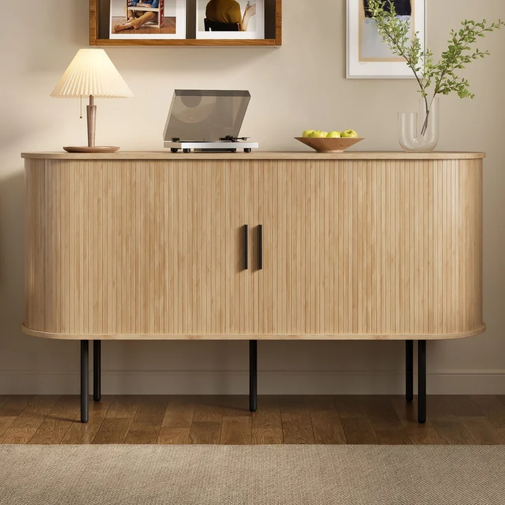 Merax Sideboard mit Rolljalousie-Türen, Aluminiumgriffen & Eisenbeinen – Vielseitiger Aufbewahrungsschrank für Wohnzimmer, Esszimmer & moderne Einrichtung, Holzfarbe – Bild 1