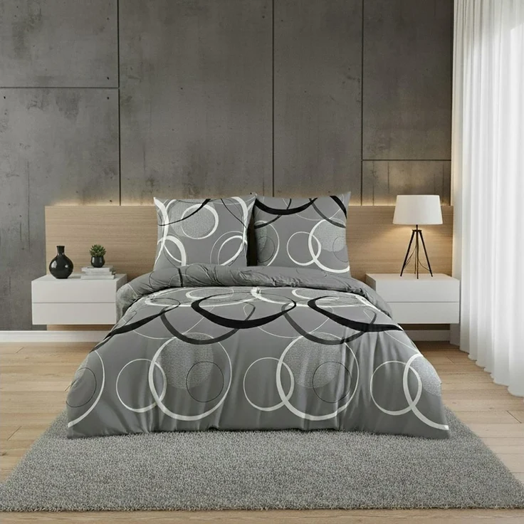 Buymax Bettwäsche Wave, Bettgarnitur, Bettbezug Set, Renforcé: 100% Baumwolle, 2 teilig, mit Reißverschluss, gemustert, Kreise, Grau, Schwarz, 135x200 cm – Bild 1