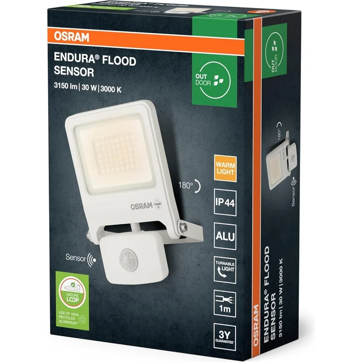 Osram ENDURA FLOOD PC 30W LED-Fluter mit Sensor, 3000K warmweiß, 3000 Lumen, IP44 weißes Flutlicht IR-Sensor, Lux-Einstellung 2-1000 – Bild 2