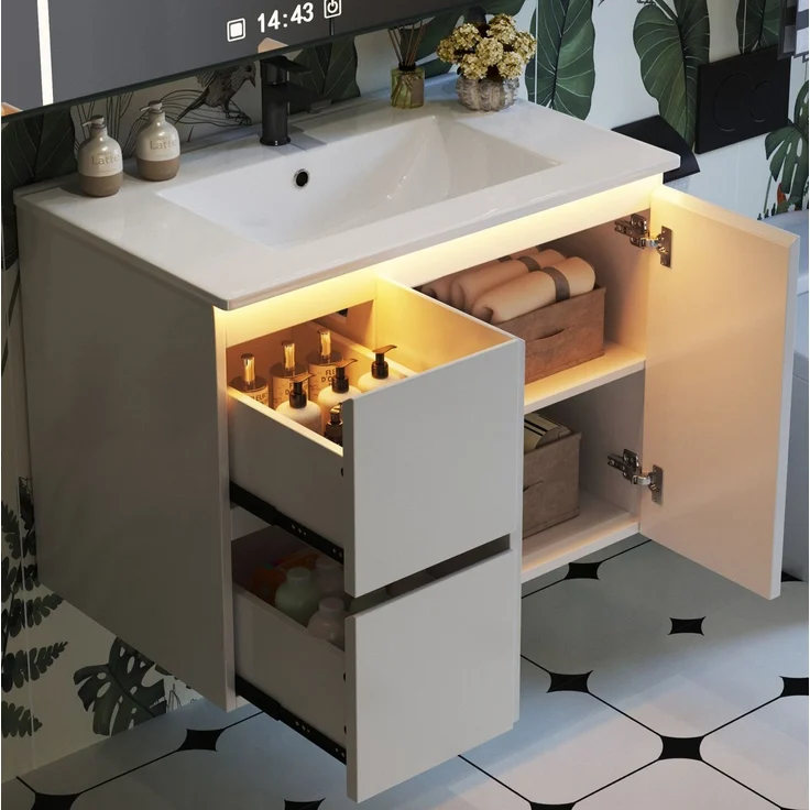 Wandwaschtisch mit Keramikbecken, LED-Radarsensor & Soft-Close, 76x47x57 cm, Weiß – Bild 2