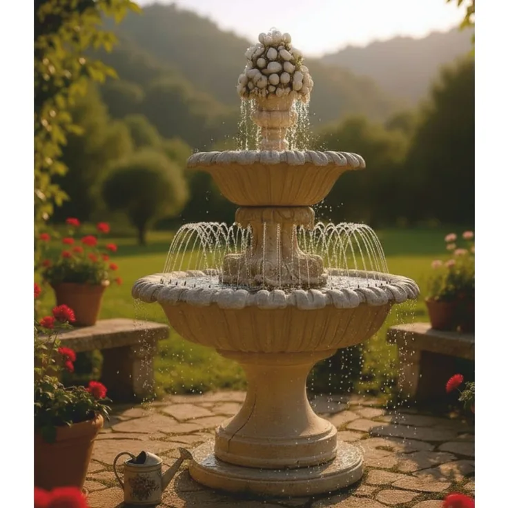 Casa Padrino Barock Springbrunnen mit Wasserdüsenring Beige Ø 153 x H. 270 cm - Prunkvoller Gartenbrunnen - Garten & Terrassen Deko