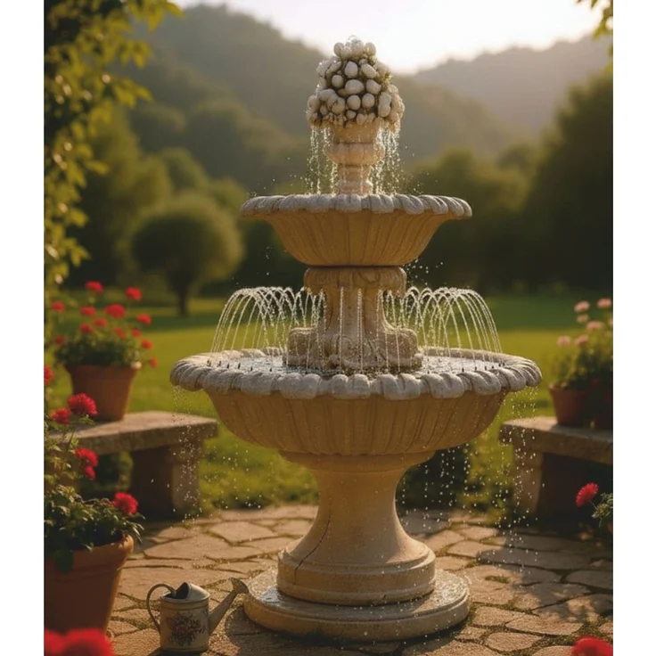 Casa Padrino Barock Springbrunnen mit Wasserdüsenring Beige Ø 153 x H. 270 cm - Prunkvoller Gartenbrunnen - Garten & Terrassen Deko – Bild 1