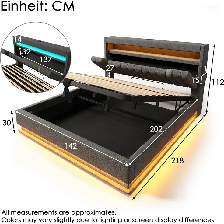 Polsterbett, Leinen mit LED, Stauraum & USB-Anschluss, 140x200 cm, Grau, mit Matratze – Bild 3