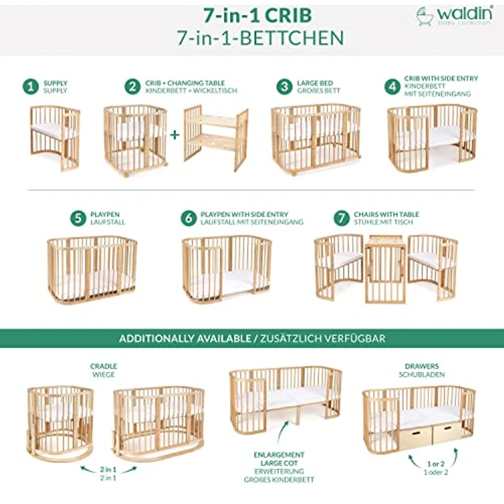 Waldin Kombibett - W2 7-in-1 - Olive Grün - Material: massiv Buchenholz - Babypark. de – Bild 3