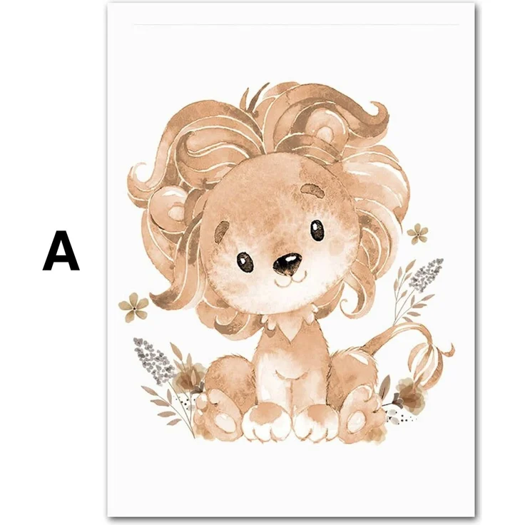 Poster Kinder süße Tiere im Boho Stil Nilpferd Elefant Löwe Regenbogen Sonne und Mond als Deko Print ohne Rahmen - A / 21X30cm