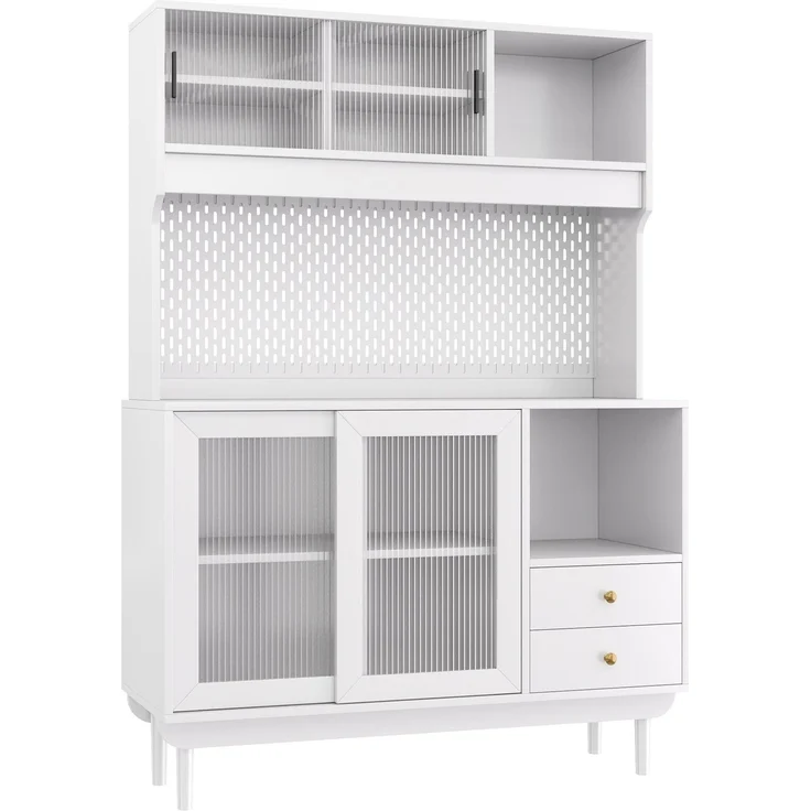 Küchenbuffet 117x30x170 cm mit Riffelglas-Schiebetüren, Schubladen und offenen Fächern – Bild 6