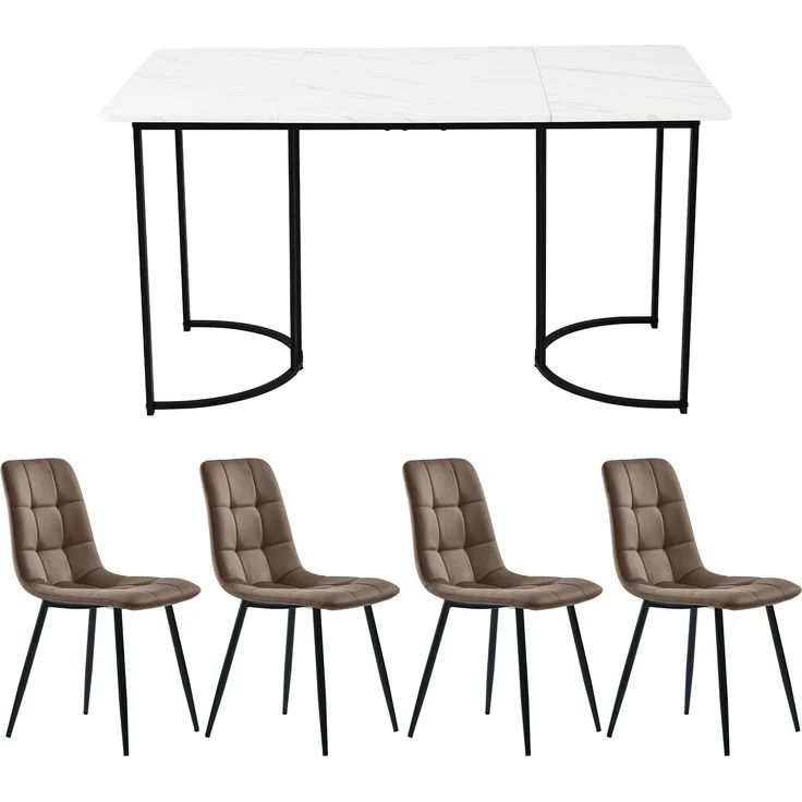 Essgruppe 5-tlg, Esstisch 140x80x75 cm & 4 Samtstühle in Weiß/Braun – Bild 4