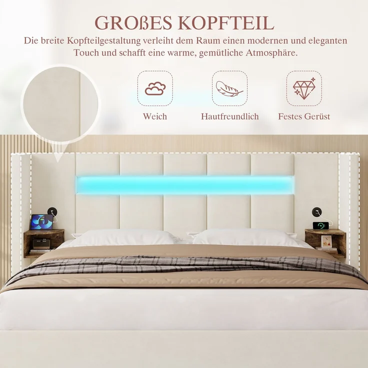 LVHOM Polsterbett 160x200 mit Seitenschränke, Bettgestell mit USB & LED und Stauraum sowie Hydraulik, Doppelbett aus Samt, Funktionbett, Beige – Bild 7