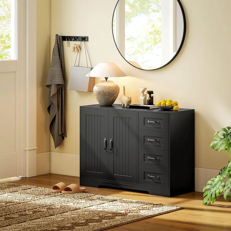 HOMCOM Sideboard Beistellschrank mit 4 Schubladen, 2 Türen, verstellbarem Einlegeboden (Aufbewahrungsschrank, 1 St, Küchenschrank), für Wohnzimmer, 105 x 40 x 76 cm, Schwarz – Bild 9