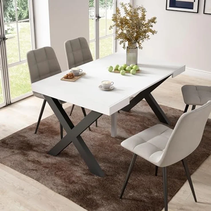Skraut Home | Ausziehbarertisch | Multifunktionaler ausziehbarer | 140 | Für 6 Gäste | Massivholz Beine | Moderner Stil | Weiß – Bild 2