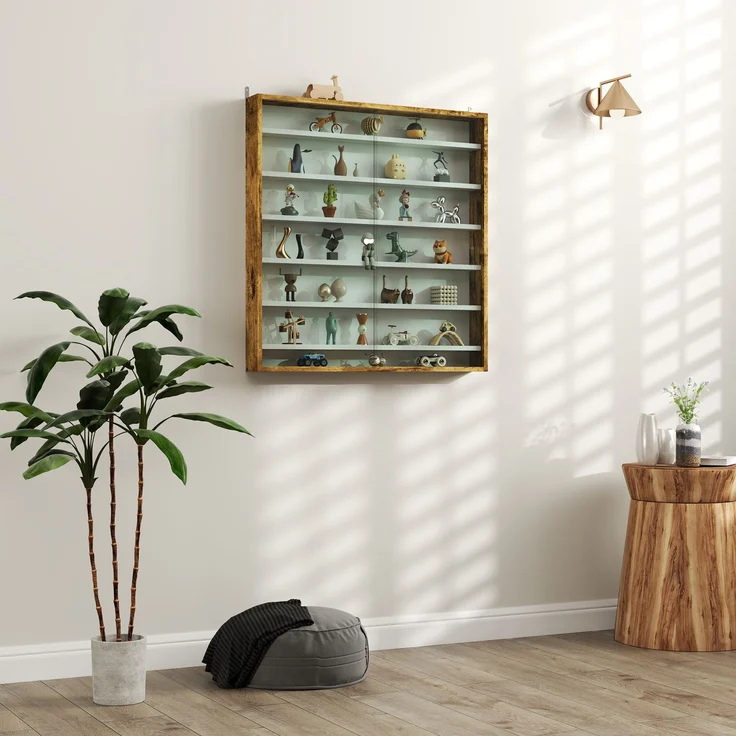 Wandvitrine für Sammlerstücke, 80 x 9,5 x 83 cm, 6 höhenverstellbare Böden, 2 Glasschiebetüren – Bild 3