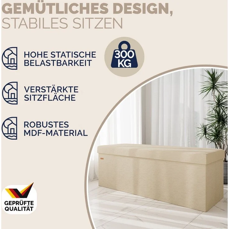 Casaria Sitzbank, Cord Beige Faltbar inkl. Boxen 114x38cm 300kg Belastbarkeit Wohnzimmer – Bild 2
