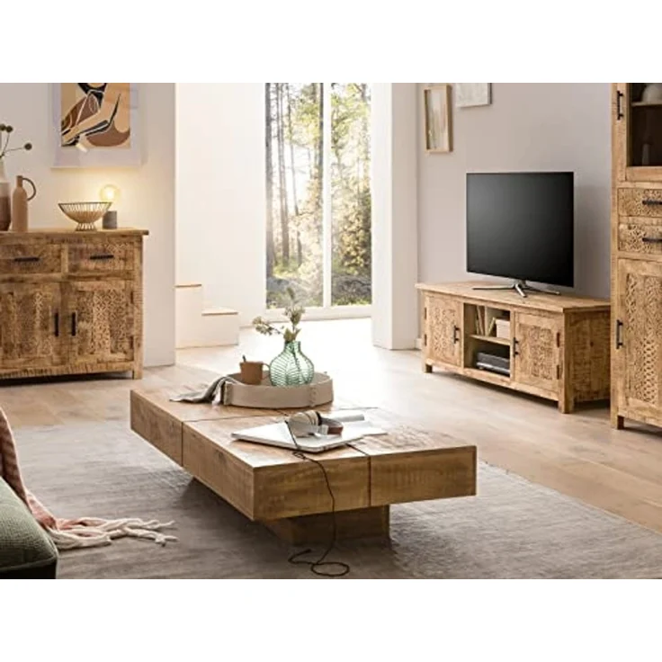 TV-Bank massivum Mumbai Mango Massivholz 150x50x42 cm braun TV-Möbel Lowboard rustikal Landhausstil Boho Fernsehtisch Holz – Bild 7