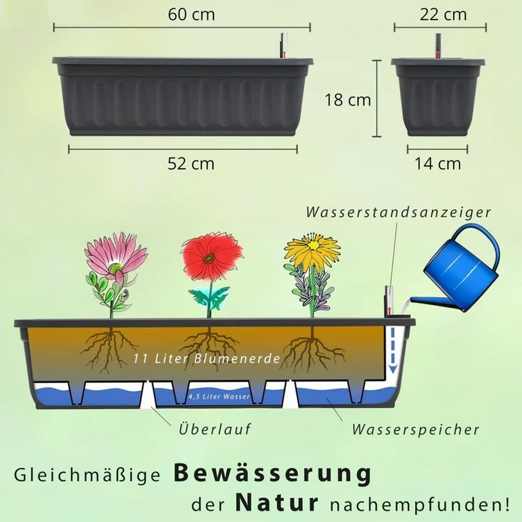 Hausfelder Blumenkasten Balkonkasten mit Wasserstandsanzeiger, Pflanzkasten 2er Set, 80cm (2er Set, 2 St, Jedes Set enthält: Füllstandsanzeiger, Boden, Pflanzkasten), Blumenkästen UV- und witterungsbeständig für innen und außen, matt – Bild 4