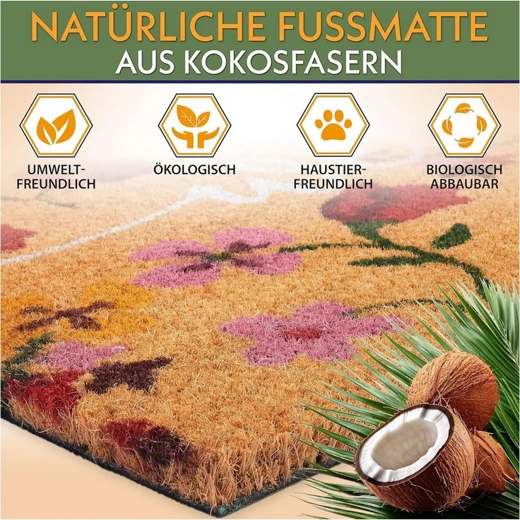 BRUBAKER Fußmatte Welcome mit Blumen Rosa und Rot - Schmutzfangmatte, Rechteckig, Höhe: 15 mm, Fußmatte für Außen und Innen - Wetterfest und Rutschfest - 45 x 75 cm – Bild 3