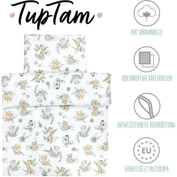 TupTam Kinderbettdecke-Set, Ganzjahresdecke, 2tlg., 1x Bettdecke, 1x Flachkissen, Safari / Löwe / Braun / Blätter / Grün, 135x100 cm