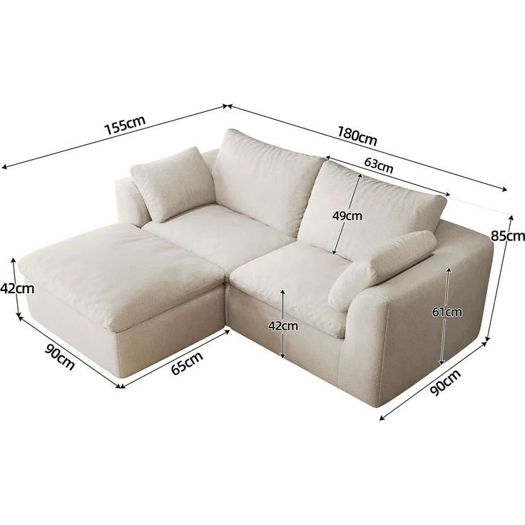 Ecksofa 180 cm für 3 Personen – komprimiertes Sofa mit Leinenbezug in Beigeweiß – Bild 4