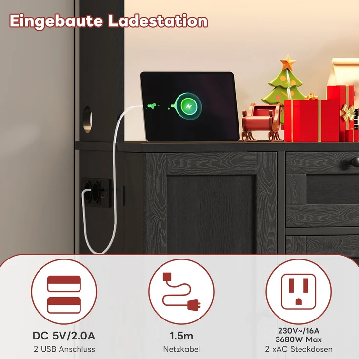 Küchenschrank, Hochschrank, Aufbewahrungsschrank, Vitrinenschrank mit Tür, integriertem Gewürzregal, verstellbaren Einlegeböden,mit farbwechselnder LED-Beleuchtung und Steckdose, 180 × 105 × 40 cm--Schwarz--105x40x180cm--YOUDENOVA – Bild 4