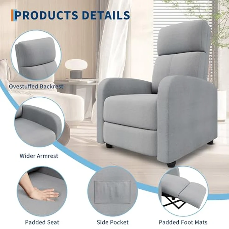 GarveeHome Relaxsessel Fernsehsessel Ruhesessel Liegesessel mit Liege-Funktion Polstersessel Leinen verstellbar Einzelliegesessel Wohnzimmer Schlafzimmer Heimkino (Grau3) – Bild 7