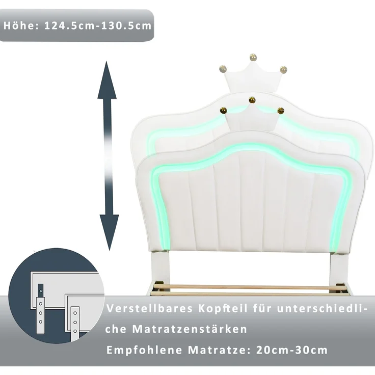 Merax Polsterbett, LED Beleuchtung Krone Kunstleder Kinderbett 90x200cm mit 2 Schubladen, weiß – Bild 6