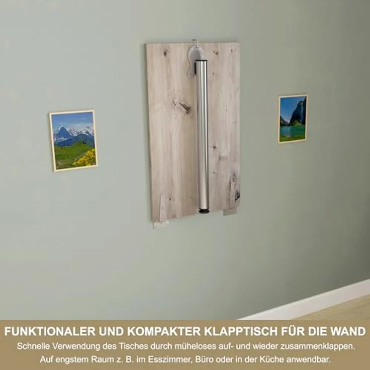 KDR Produktgestaltung Wandklapptisch Schreibtisch Tischplatte 80x50 cm in Eiche astig Klapptisch Esstisch Küchentisch für die Wand Höhe Tisch 74 cm zur Wandmontage mit Tischbein klappbar – Bild 5