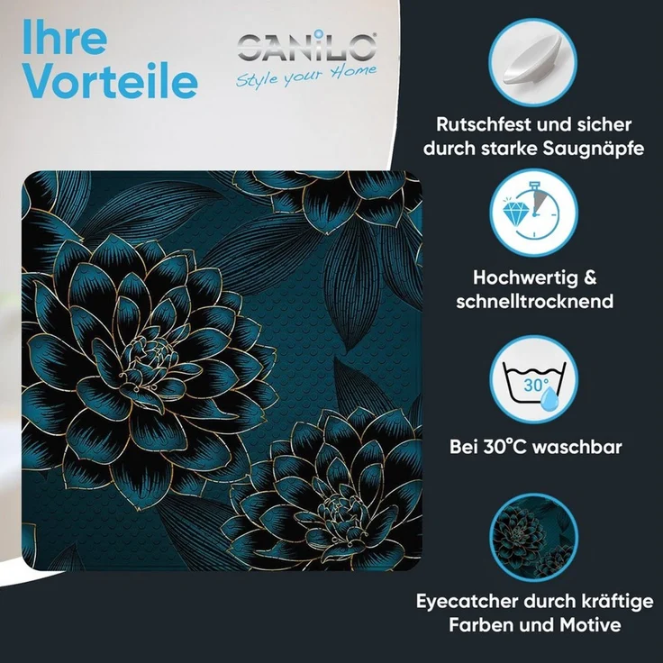 Sanilo Duschmatte, mit Motiv, rutschfest, waschbar, quadratisch, 230 extra starke Saugnäpfe, Kunststoff PVC, 53 x 53 cm, Dahlien – Bild 2