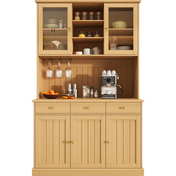 Buffetschränke, Esszimmer-Hochschrank 120×40×191 cm, mit Glastüren, Gläserhalter, mehrstufigem Stauraum, integrierter Steckdose sowie USB-C- und USB-A-Anschlüssen, Naturfarbe – Bild 8