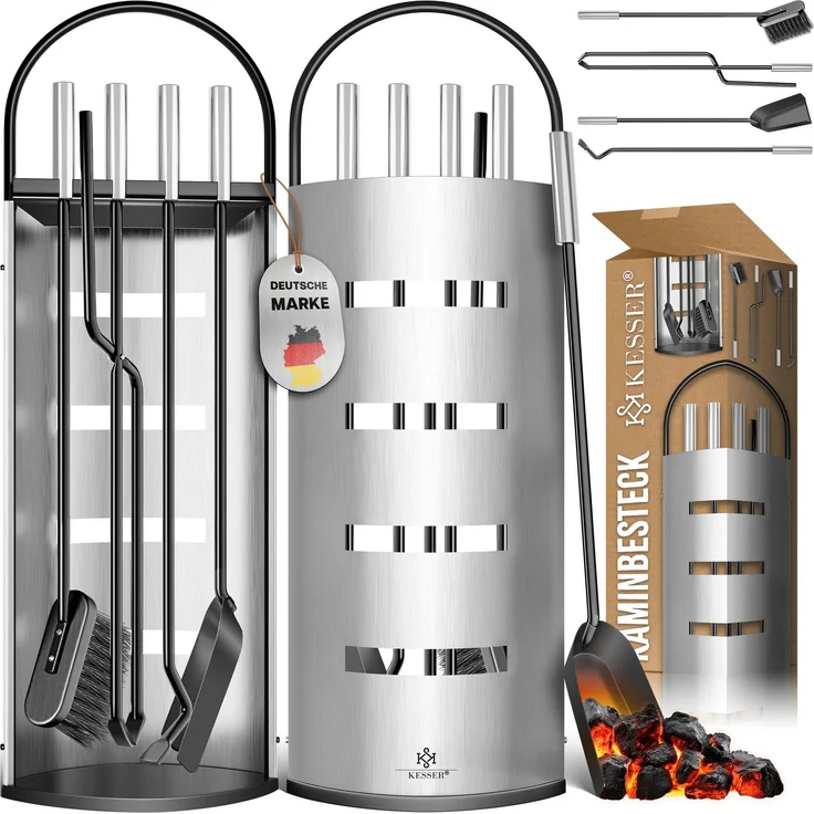KESSER® Kaminzubehör 5-teiliges Kaminbesteck Set – Modern Design, beschichtet, Hochwertige Kamingarnitur aus 5 Teilen: Besen, Schaufel, Schürhaken, Zange, Ständer mit Sichtschutz Edelstahl Silber