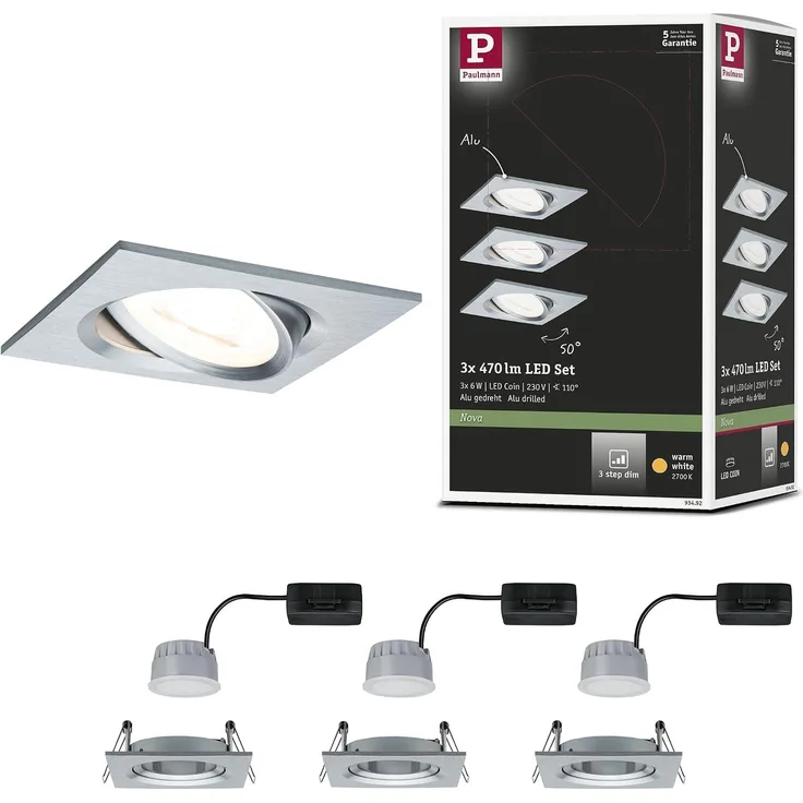 Paulmann No. 93492 Einbauleuchte LED Coin Nova eckig 6W Alu gedreht 3-Stufen dimmbar