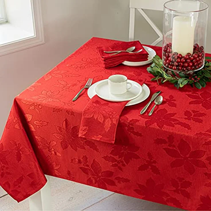 Benson Mills Damast-Tischdecke mit Weihnachtssternmotiv, für Weihnachten, Winter und Urlaub, Rot, 152,4 x 304,8 cm, rechteckig – Bild 2