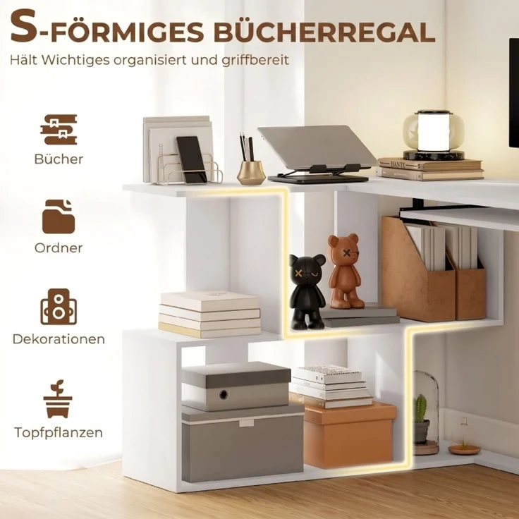 Eckschreibtisch mit Tastaturauszug und 4 Ablagefächern, 120x100x76 cm, Weiß – Bild 7