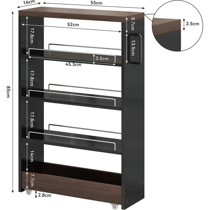 DESVIAE Regal auf Rollen mit 4 verstellbaren Böden 55x85x16 cm MDF Schwarzbraun – Bild 7