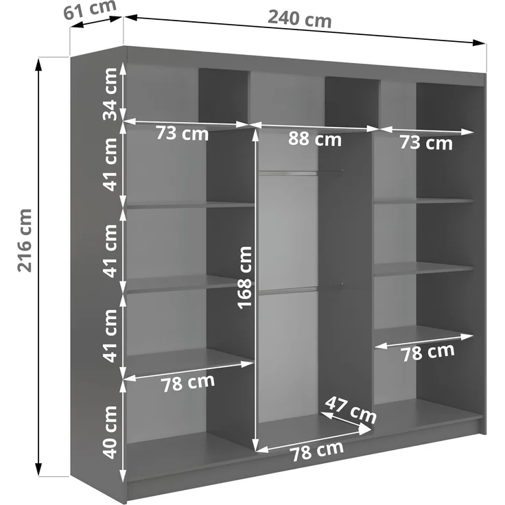 Schiebetürenschrank GRECJA 240 cm breite mit Spiegelfront und Dekor-Applikationen in Grau, inkl. Kleiderstange & Einlegeböden - Grau – Bild 5